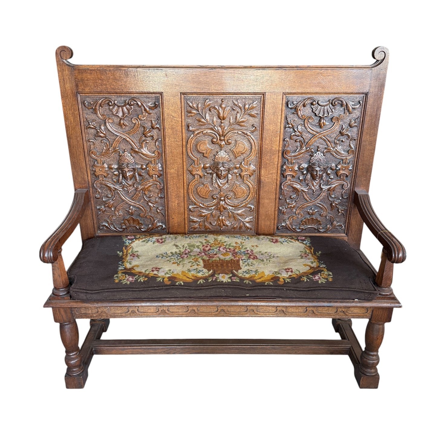 Antique Oak carved hall-bench