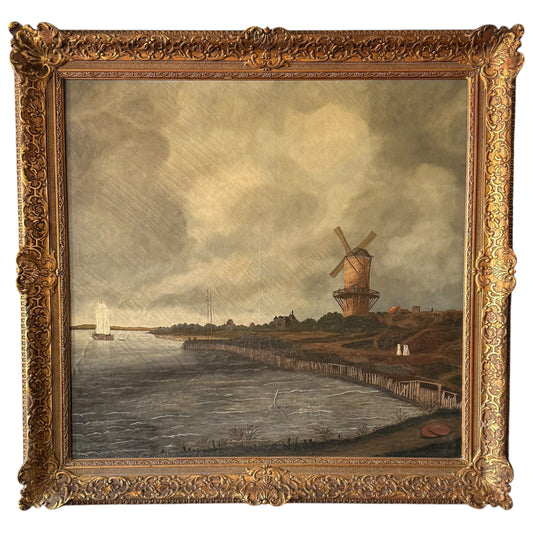 Vintage Windmill by river oil on canvas (signed)